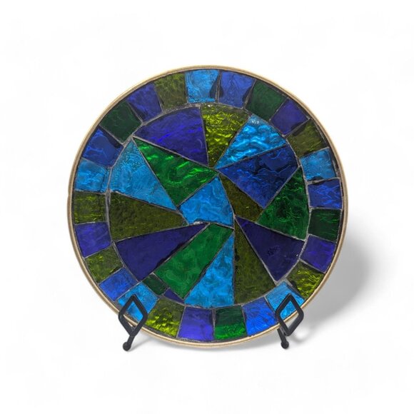 Vtg MCM SIGNED Jon Matin 12" Round Stained Foil Glass Tray/Platter Plate 1950's - Picture 2 of 12